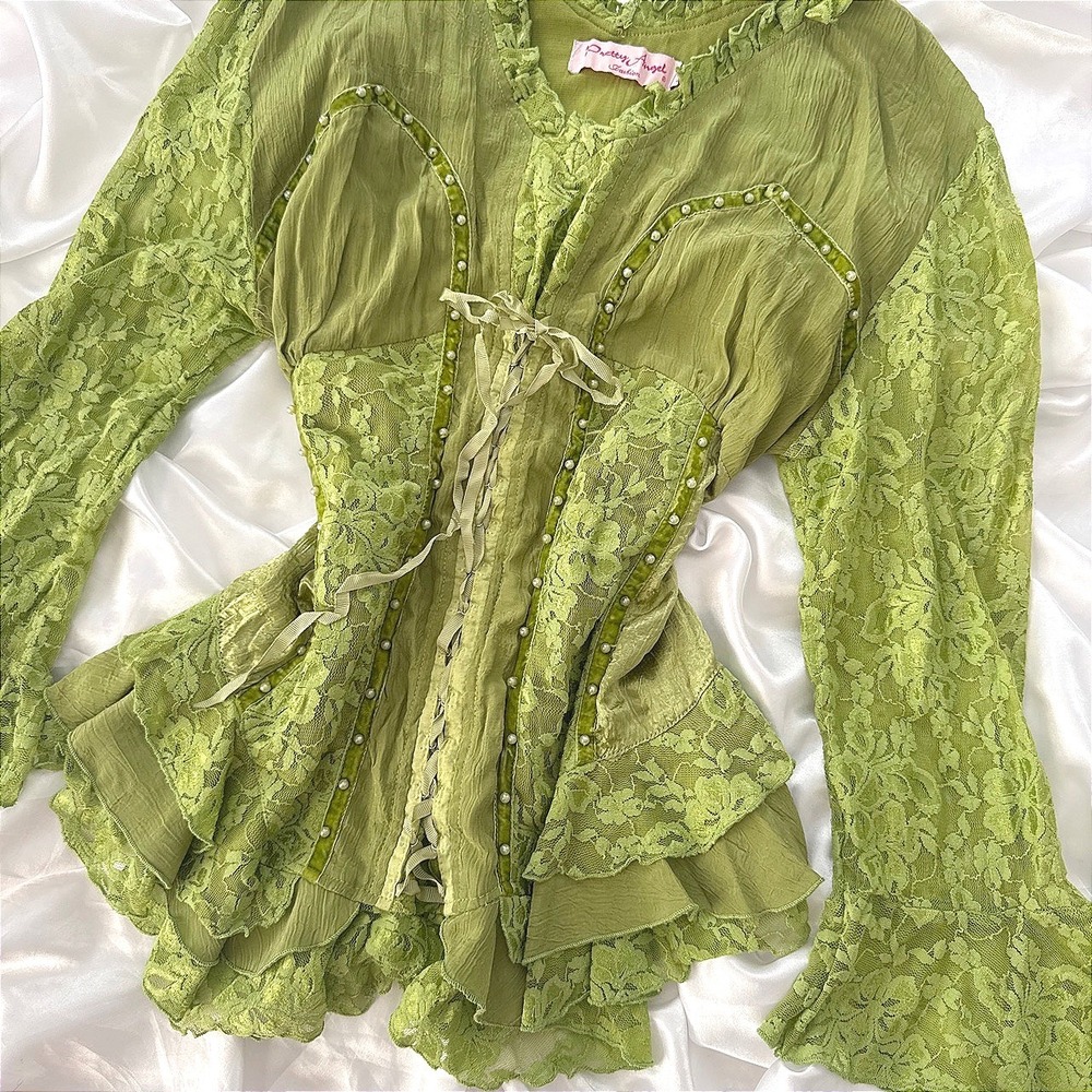 Pretty Angel Green Lace Corset Top Fairycore Pearl Velvet Trim Long Sleeve L